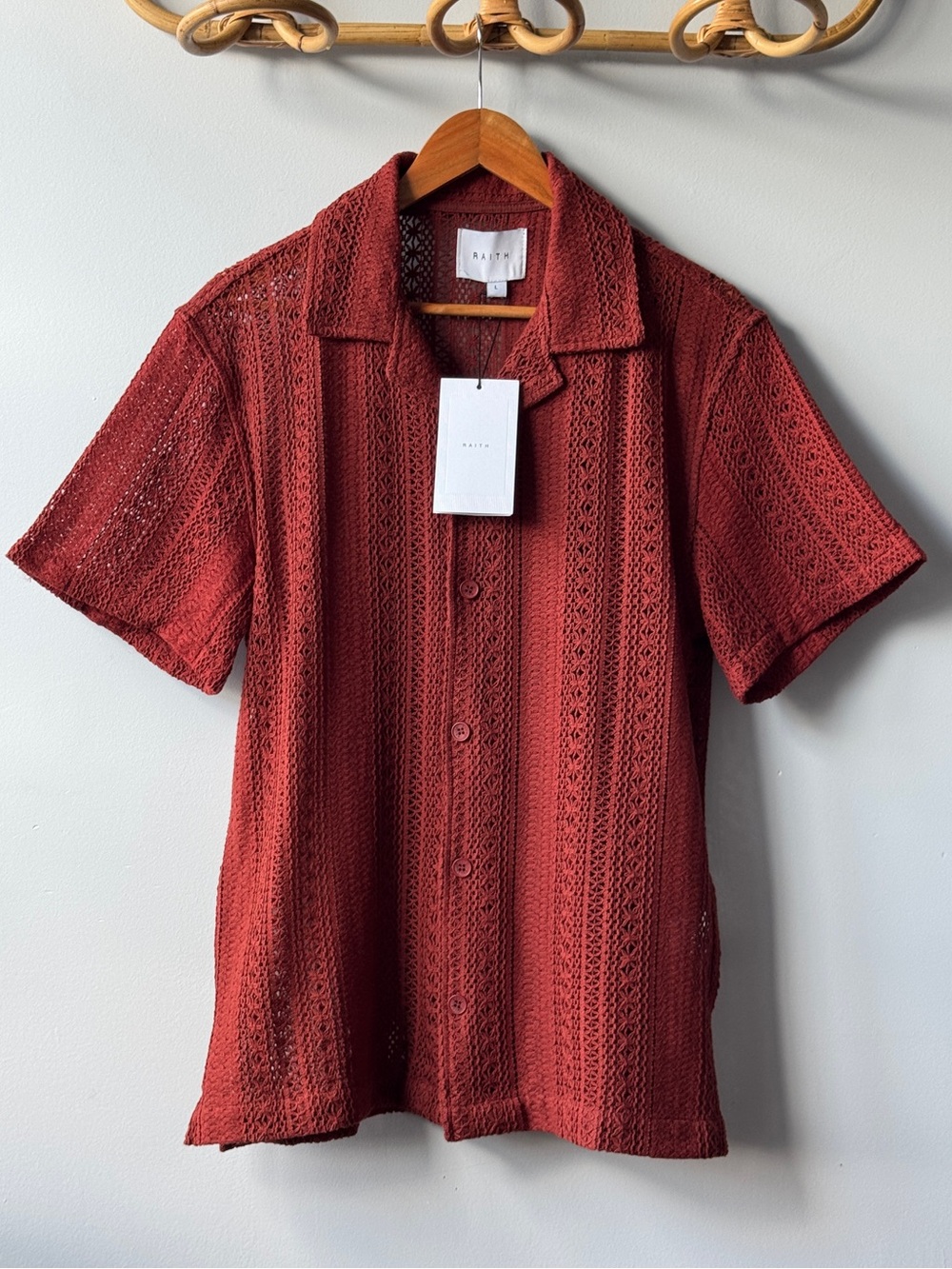 NWT RAITH Solle Crochet Short Sleeve Button-Down Shirt Rust Size L